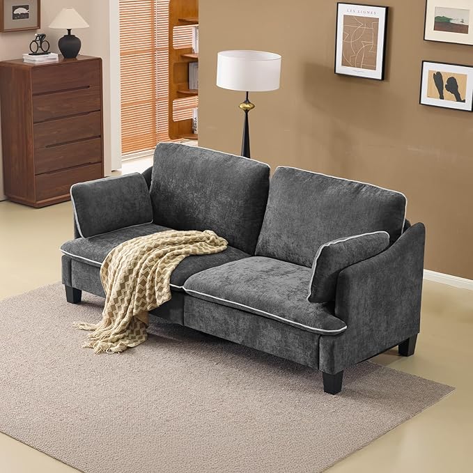 VINGLI 84" W Oversized Comfy Two Seat Love Seat, 37" Extra Deep Seat Piping Design Loveseat Couch with Two Pillows, Linen Fabric Modern Small Sofa for Small Living Room, Bedroom, Black
