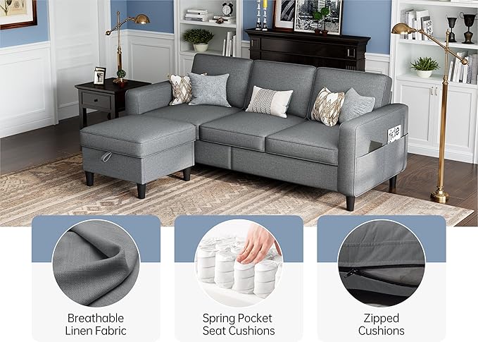 Sectional Sofas Couches for Living Room Convertible 3-Seater 78" L Shaped Couch for Small Spaces, Grey Pet-Friendly Modern Linen Fabric Sofa & Washable Covers for Apartments Studios Dorms