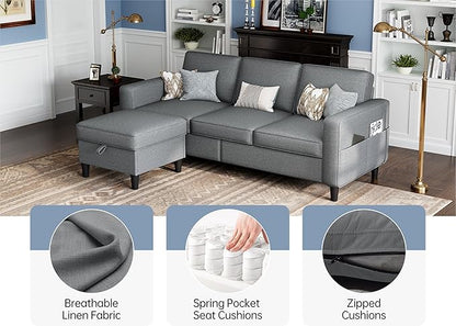 Sectional Sofas Couches for Living Room Convertible 3-Seater 78" L Shaped Couch for Small Spaces, Grey Pet-Friendly Modern Linen Fabric Sofa & Washable Covers for Apartments Studios Dorms
