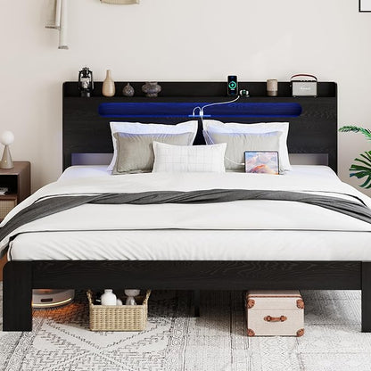 Wooden King Size Bed Frame with Storage Headboard, Farmhouse Platform Bedframe with Charging Station & Led Lights, Sturdy Wood Slat Framework, Easy Assembly (Rustic Black, King)