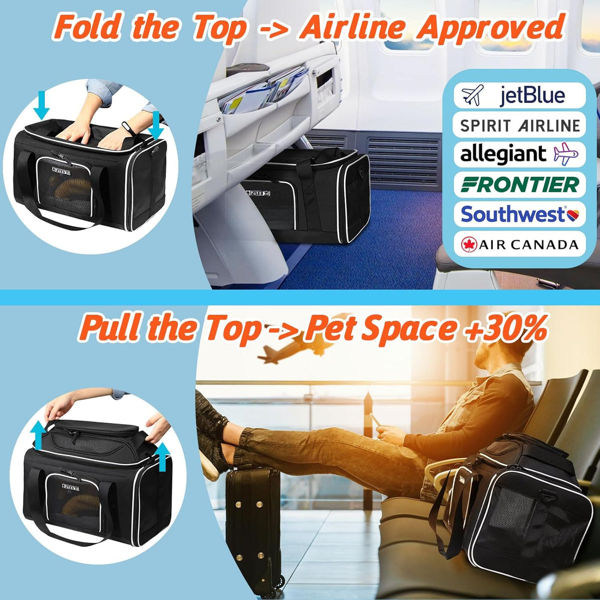 Petskd Top-Expandable Pet Carrier 17x12x8.5 Inches JetBlue Allegiant Spirit Airline Approved, Soft-Sided Carrier for Small Cats and Dogs with Locking Safety Zippers and Anti-Scratch Mesh(Black)