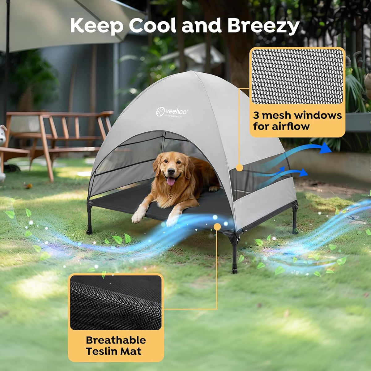Veehoo Outdoor Dog Bed with Canopy, Cooling Elevated Pet Cot with Removable Shade, Non-Slip Feet, Raised Dog Cot for Large Dogs, Pet Tent Bed for Camping, Beach, Large, Black, CWC2411