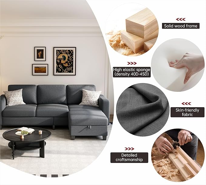 Youmumeub 79''Sectional Couch Couches for Living Room - L-Shaped 4-Seater Deep Sectional Sofa,Removable Covers,Suitable for The Living Room, Apartment or Office-Dark Gray
