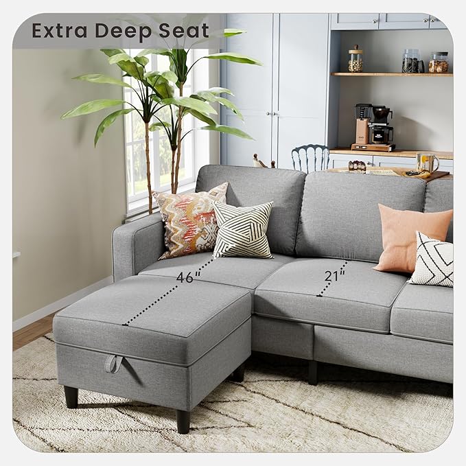 Sectional Sofa Couches for Living Room, 78'' Light Grey 3 Seater L-Shaped Couch with Storage Ottoman, Comfy Fabric Convertible Sectionals Sofas with Chaise for Apartment, Office, Small Space