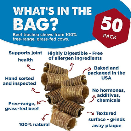 Best Bully Sticks Premium 3 Inch Beef Trachea - 50 Count (Pack of 1) - All-Natural, Grain-Free, Single-Ingredient Treat, Supports Dental Health