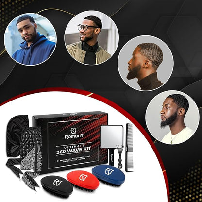 Roman-T 8-in-1 360 Wave Kit for Men - Grooming Kit for 360 Waves - 3 Wave Brushes, Soft, Medium & Hard - 2 Satin Durag, Hand Mirror, Comb, Hair Brush Cleaner - Gift Set, Black