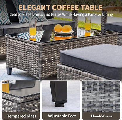MEISSALIVVE Patio Furniture Sets, 6 Pieces Outdoor Rattan Furniture Conversation Sets with 2 Wood Armrests Swivel Rocker Chairs, 2 Ottoman, 3-Seat Sofa and Coffee Table(Grey)