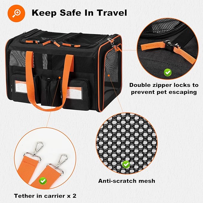 22''(L) x 16''(W) x 14''(H) Large Double pet Carrier for 2 Small-Medium Cats and car Travel,with a Removable Divider,Large Loading top,4 Pockets and Zipper Locks.
