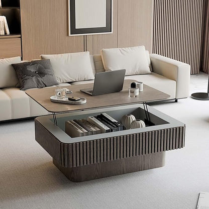 FGXJY Lift Coffee Table with Storage & Adjustable Height, Rectangle Solid Wood Coffee Table Fluted Center Table Accent Tea Table or Living Room, Apartment, Office (38.6" Grey)
