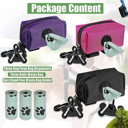 Dog Poop Bag Waste Bag Dispenser Dog Poop Bag Dispenser for Leash Accessory Dog Poop Bag Holders Fits Dog Leash with Hand Free Holder & Bag, No1680pjdz (Black&Purple&Pink, Black&Purple&Pink)