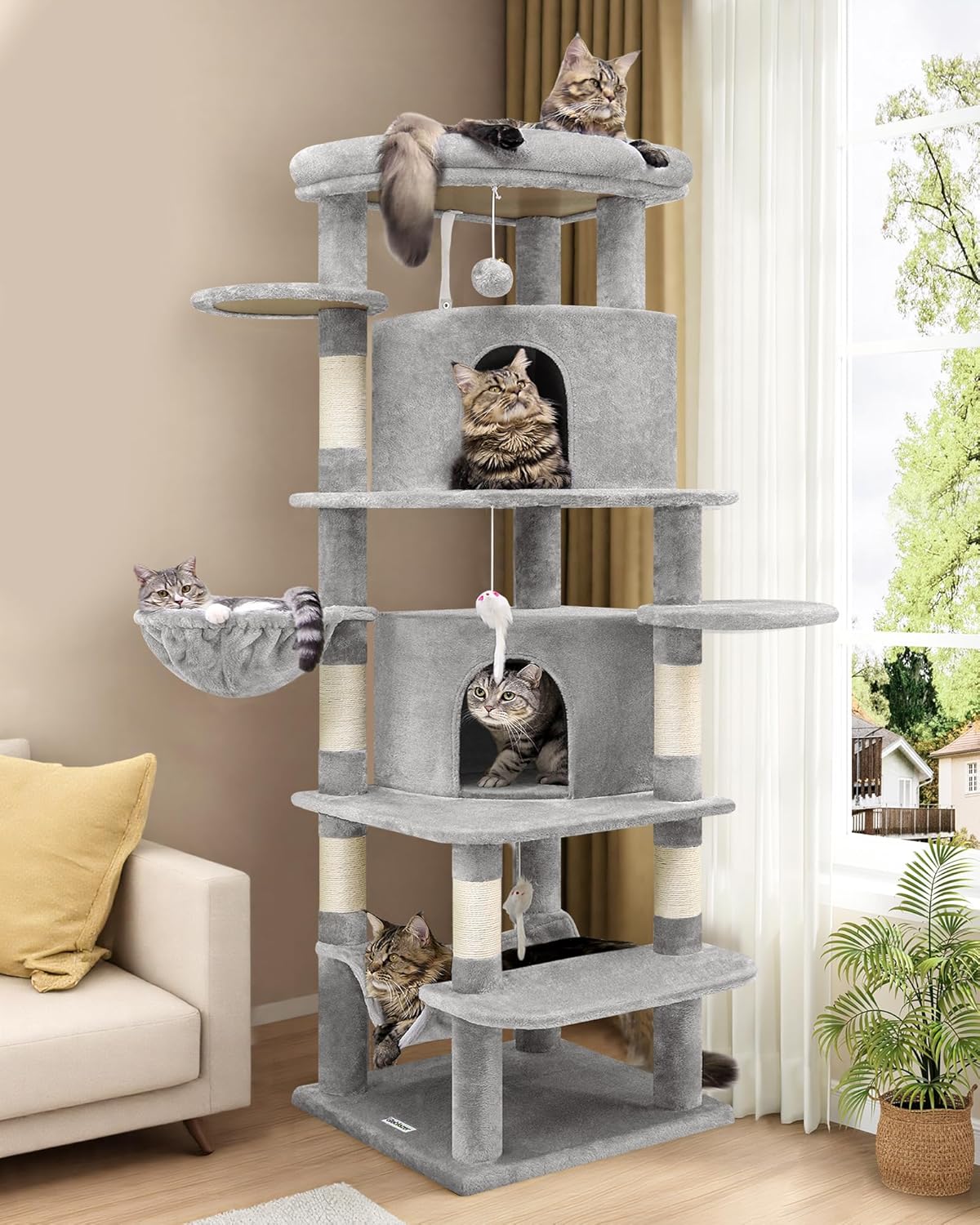 Globlazer Corner Cat Tree for Large Cats, 66inch Tall Curved Series Large Cat Tower for Multiple Indoor Cats with 6 Scratching Posts, 2 Spacious Cat Condos, Hammock, Hanging Basket, C66, Light Grey
