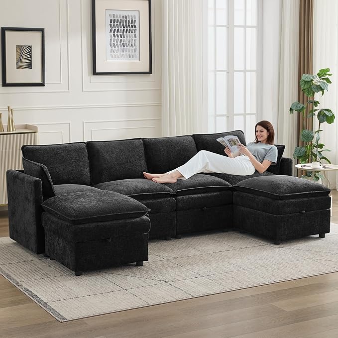 105" Cloud Modular 4 Seater Sofa with 2 Storage Ottoman, Modern Upholstered Sofa Storage Sofa Couch Deep Seat, U Shape Sectional Sofa Chenille Comfy Couch with Armrests for Living Room, Black