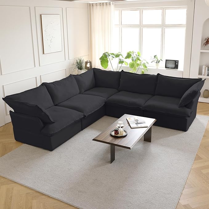 WJShome 162.98" Cloud Modular Sectional Sofa, V Shaped Couch, Minimalist Wide Deep Seat Couches for Livingroom,Cushion Covers Removable(Black)