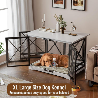 COZPAW Large Dog Crate Furniture - 48 inch Heavy Duty Dog Kennel Indoor for XLarge Breed with Double Doors, Wooden Dog Cage XL Modern Decorative End Table Pet House (White)