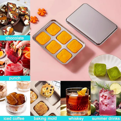 Ice Cube Tray with Lid, 2 Pack 12 Big Cubes, Stainless Steel Ice Cube Trays