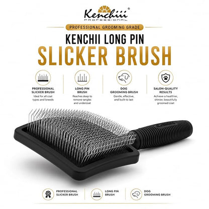 Kenchii Long Pin Slicker Brush for Dogs (Poodles, Doodles, Goldendoodles, Labradoodles), Professional Grooming Brush for Detangling, Fluffing & Dematting, Non-Slip Comfort Handle (Black)