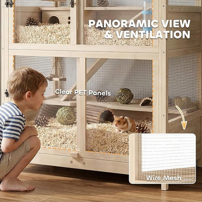 PawHut Wooden Hamster Cage, 4 Tier Small Animal Cage with Mesh Flip Roof, Pull-Out Tray, Huts, Seesaws, Ramps and Water Bottles, Hamster Habitat for Dwarf Syrian Mice Gerbil, 33" x 21" x 36"