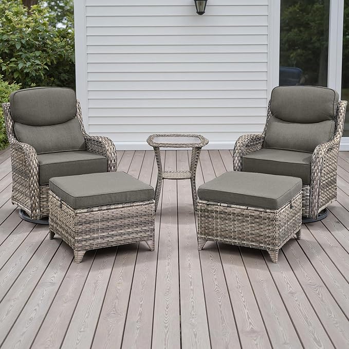 Rilyson Wicker Outdoor Patio Furniture Set - 5 Piece Patio Conversation Sets with Swivel Rocker Chairs, Ottomans and Side Table, 6 inch Cushions, Waterproof Wicker, for Porch Deck Mixed Grey/Grey