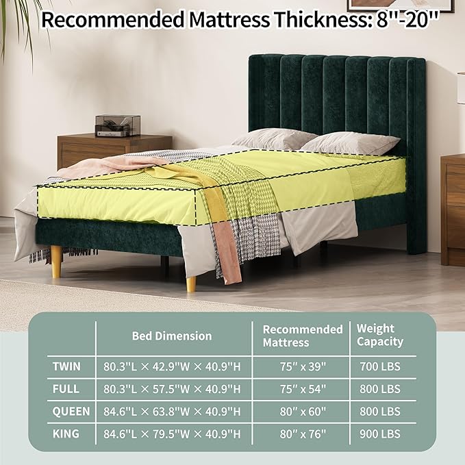 Twin Size Upholstered Platform Bed Frame with Modern Wingback & Vertical Panel Headboard, Velvet Fabric, Wooden Legs & Slats Support, No Box Spring Needed, Noise-Free & Easy Assembly, Ink Green