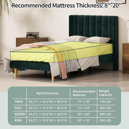Twin Size Upholstered Platform Bed Frame with Modern Wingback & Vertical Panel Headboard, Velvet Fabric, Wooden Legs & Slats Support, No Box Spring Needed, Noise-Free & Easy Assembly, Ink Green