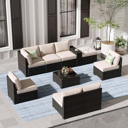 SunloungeCo 9 Pieces Outdoor Patio Furniture Set, Wicker Conversation Sets with Tea Table, Rattan Patio Sofa with Thick Cushions for Garden, Backyard Porch, Poolside,Beige