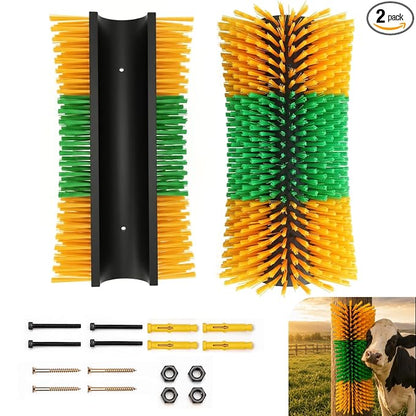 Bionic Curve Livestock Scratching Brush for Cattle, Cows, Goats, Horses and Pigs - Body-Contoured Farm Animal Scratcher Post, Heavy Duty Livestock Grooming Brush with 8 Screws, 2 Pack