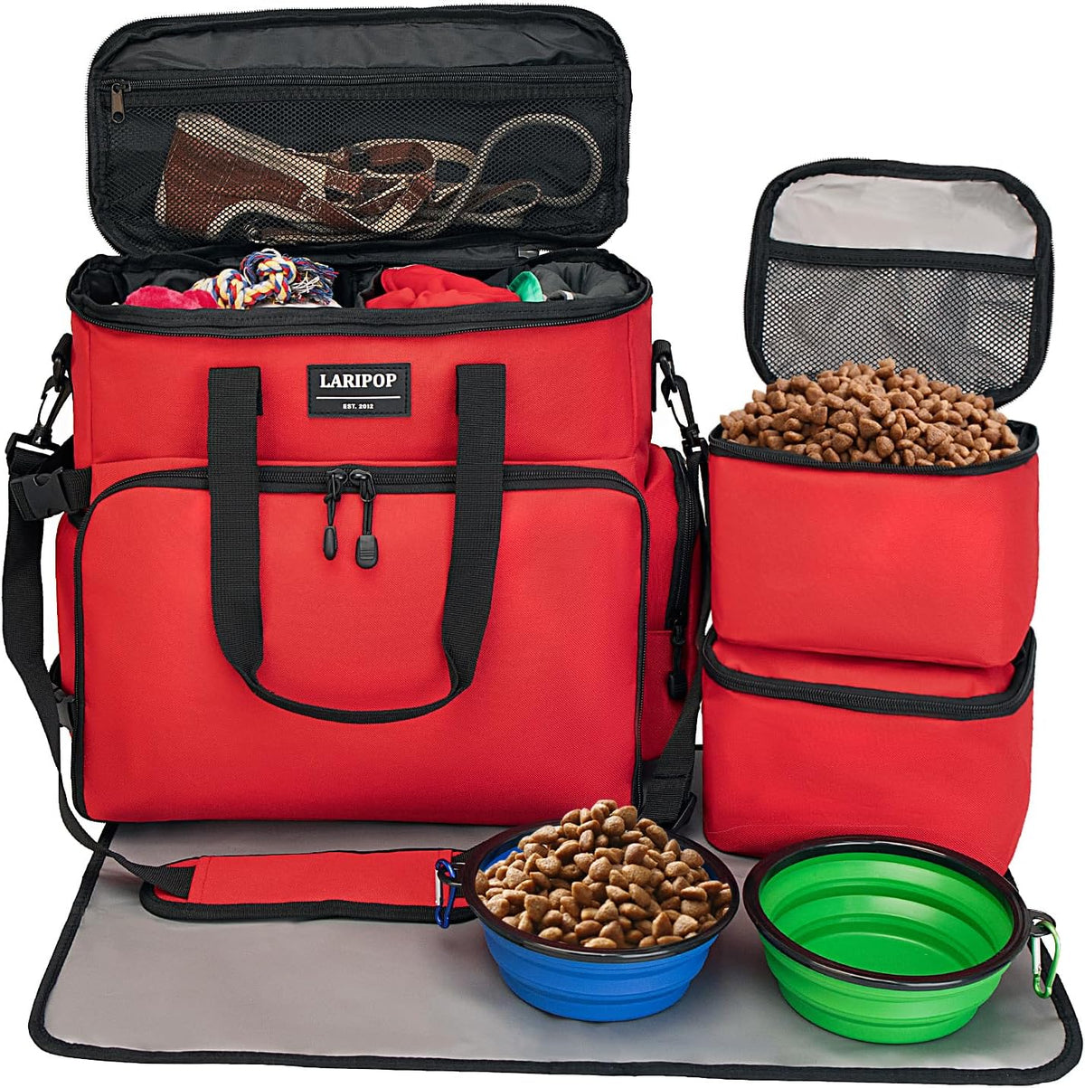 Dog Travel Bag,Weekend Pet Travel bag Set for Dog and Cat,Airline Approved Tote Multi-Function Bags for Traveling,Include 2 Collapsible Bowls,2 Food Storage Containers,1 Feeding Mat,Red