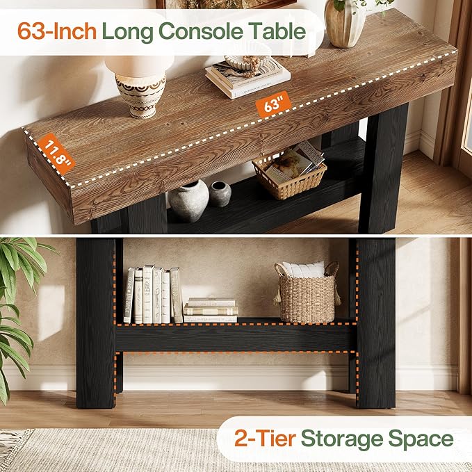 Solid Wood Black Console Table for Entryway, 63-Inch Long Narrow Sofa Table Behind Couch with Storage Shelf for Living Room, Hallway, Foyer, Entrance, Rustic Brown + Black