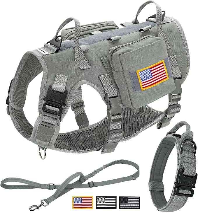 Forestpaw Tactical Dog Harness for Large Dogs,Tactical Dog Collar with Bungee Leash Set,No Pull Military Dog Harness for Walking Training,Adjustable for Medium Large Dogs,Gray,Chest 27-40"