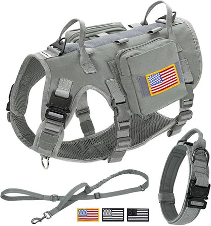Forestpaw Tactical Dog Harness for Large Dogs,Tactical Dog Collar with Bungee Leash Set,No Pull Military Dog Harness for Walking Training,Adjustable for Medium Large Dogs,Gray,Chest 27-40"