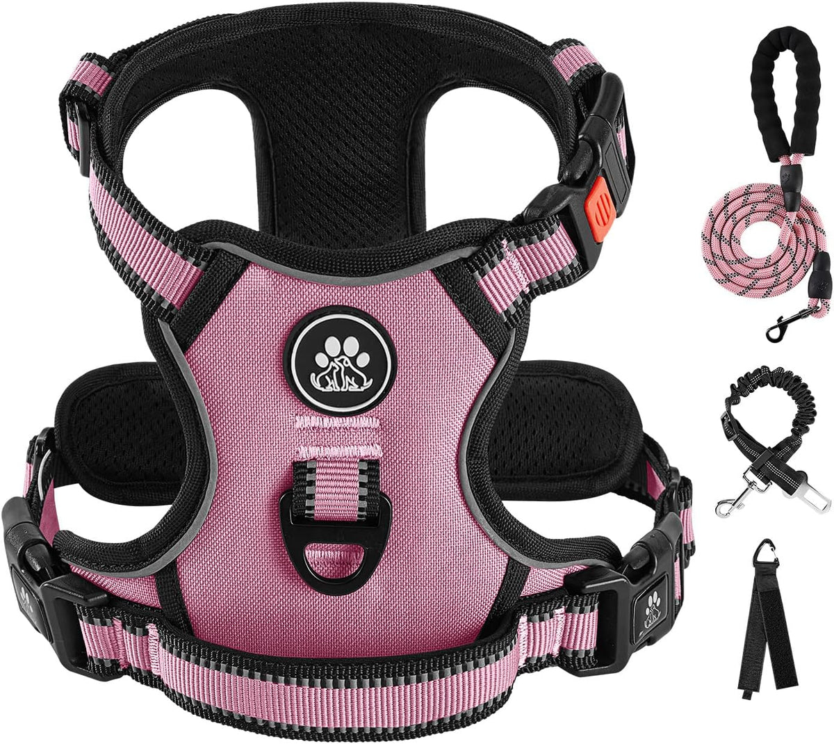 IVY&LANE No Pull Dog Harness for Large Dogs, Reflective Dog Vest Harness with Leash, Safety Belt and Storage Strap, Fully Adjustable Harness with Soft Handle (Pink, L)