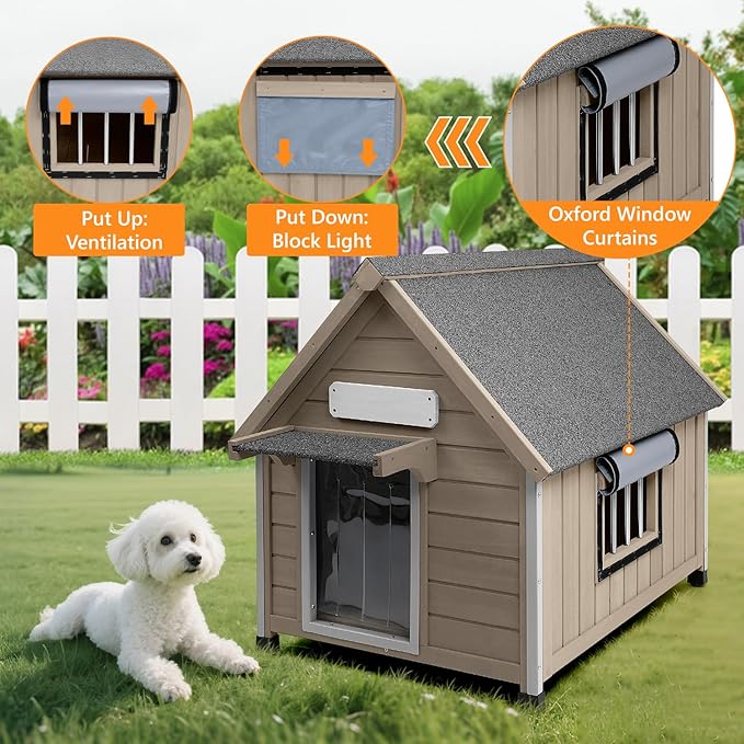 Dog House Outdoor Indoor for Small to Medium Dogs with Window, Anti-Chewing Iron Frame, Weatherproof Doghouse Kennel Puppy Shelter, Easy Clean and Assemble (32" W*26" L*32" H)