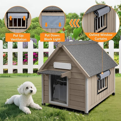 Dog House Outdoor Indoor for Small to Medium Dogs with Window, Anti-Chewing Iron Frame, Weatherproof Doghouse Kennel Puppy Shelter, Easy Clean and Assemble (32" W*26" L*32" H)