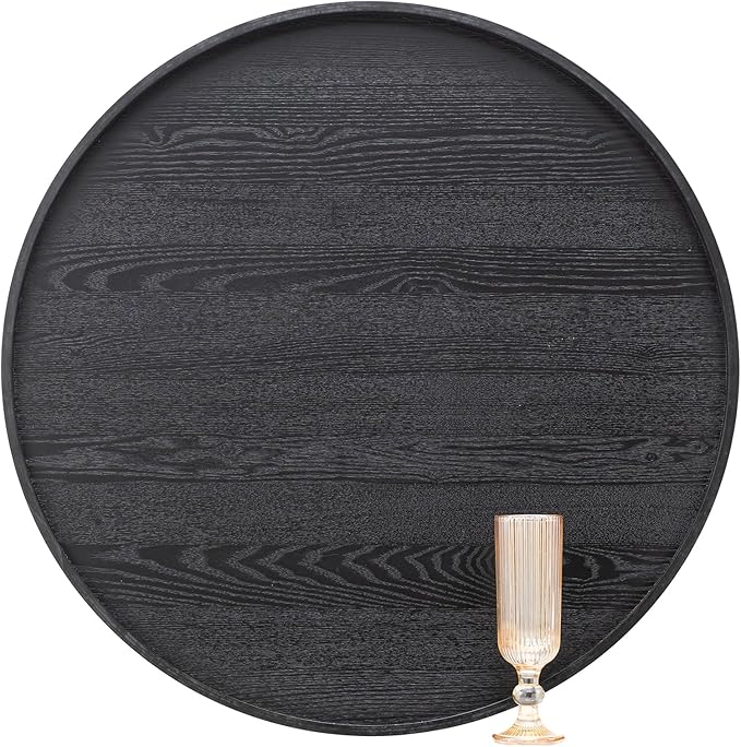 24 inch Round Solid Wood Serving Tray Extra Large Tea Coffee Snack Food Meals Serving Plate Non-Slip Kitchen Party Bar Server Ottoman Tray Breakfast Tray with Raised Edges Black