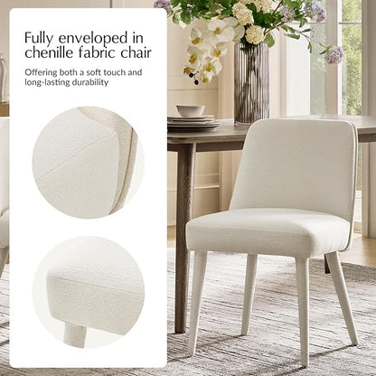HULALA HOME Modern Dining Chairs Set of 2，White Fully Chenille Upholstered Dining Room Chairs Set with Foot Peg, Wood Frame, Armless Kitchen Accent Chairs for Living Room Bedroom Reception - Ivory