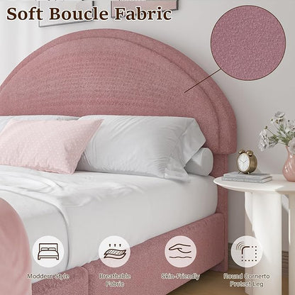 Queen Bed Frame, Upholstered Platform Bed with Headboard, Boucle Bed Frame with Round Conner, No Box Spring Required, Easy Assembly, Pink