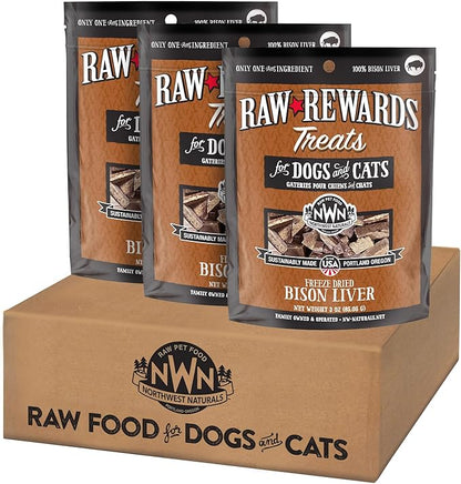 Northwest Naturals Raw Rewards Freeze-Dried Bison Liver Treats for Dogs and Cats - Bite-Sized Pieces - Healthy, 1 Ingredient, Human Grade Pet Food, All Natural, Proudly Made in USA, 3 Oz (Pack of 3)