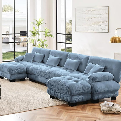 173.2" Oversized Couch, 4 Seater Modular Sectional Sofa, Blue Large U Shaped Sectional Couches for Living Room, Fluffy Chenille Fabric Cloud Couch with Ottoman, Deep Seat Sofas