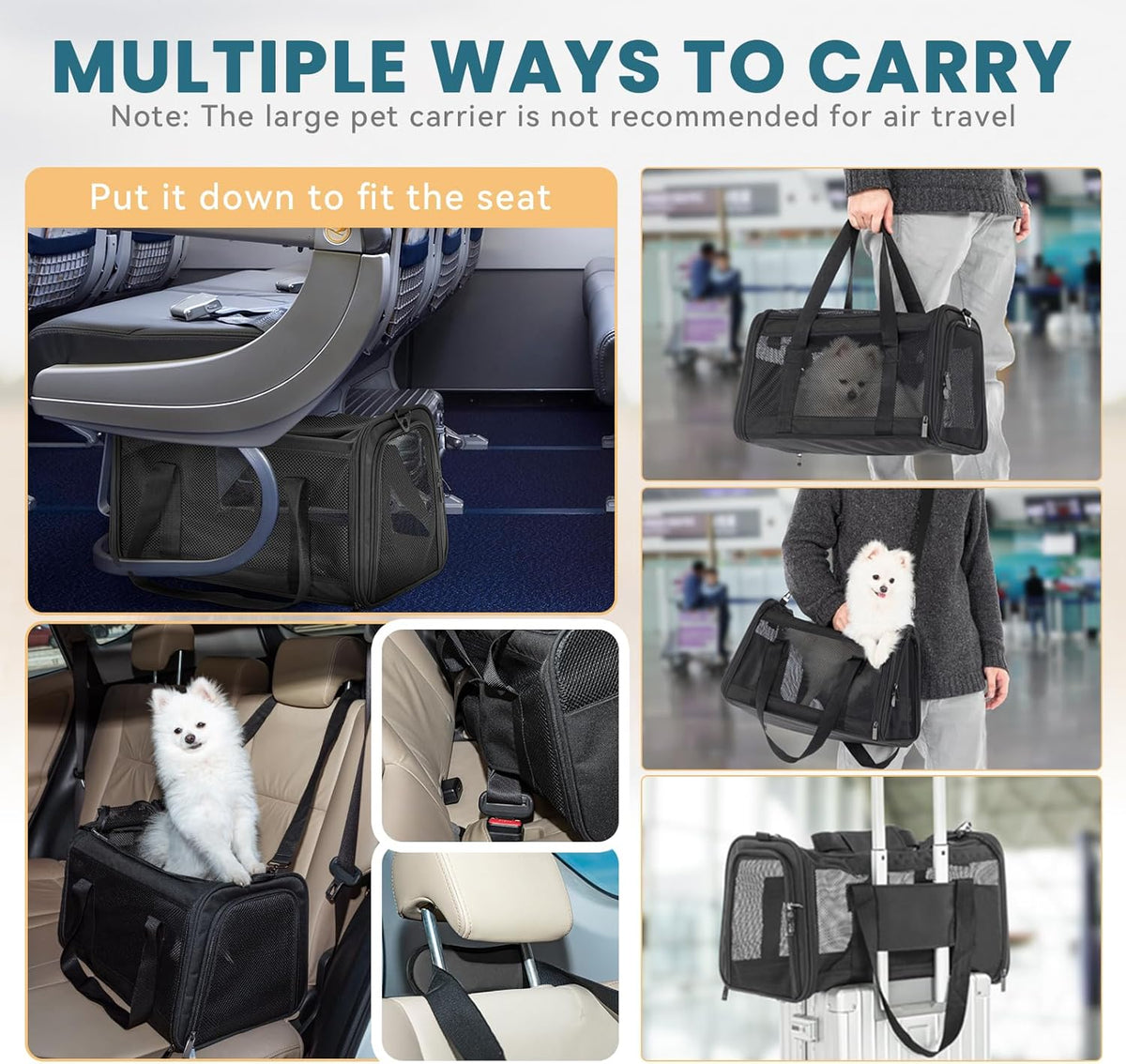 Petsfit Cat Carrier Dog Carrier, Large Capacity Lightweight Soft-Sided Pet Carrier for Travel, with Adjustable Shoulder Strap, Auto Locking Zipper Head and Washable Fleece Pad