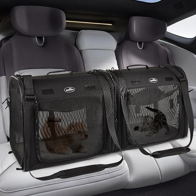 Portable 2-in-1 Pet Carrier for Medium Dogs Large Cat Carrier for 2 Cats Travel Double Dog Crate Set with Portable Carry Bag/Hammocks/Mats/Tent Stakes/2 Pcs Pet Bowls for Outdoor Camping