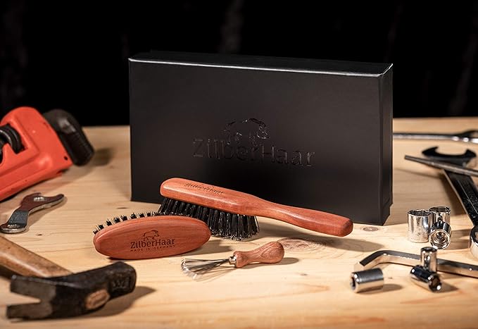 ZilberHaar Beard Brush Grooming Kit - Stiff Bristles Boar Bristles - Ideal for Medium to Long, Thick Beards - Distributes Balm & Oil for Growth/Styling - With Brush Cleaning Tool