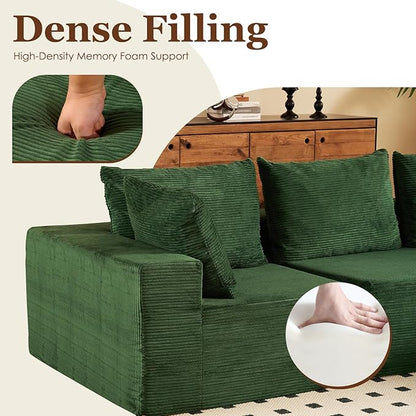 INGEROOM 108" Cloud Sectional Couch with L-Shape Chaise, Modular Sofa Memory Foam, Boneless Sofa with Movable Ottoman, Plush Corduroy Memory Foam Couch for Living Room, No Assembly, Forest Green