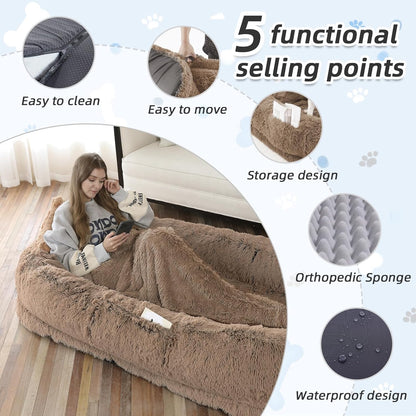 Human Dog Bed, Large Dog Beds for Humans Size Fits You and Pets, Washable Faux Fur Orthopedic Human Pet Bed for People Doze Off, Napping, Present Pillow, Blanket, Strap - Khaki