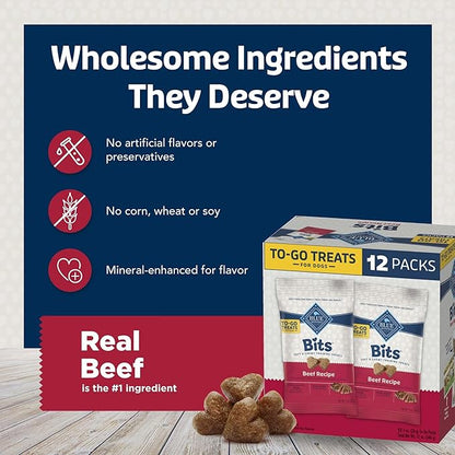 Blue Buffalo Bits Natural Soft Moist To Go Dog Training Treats Beef Recipe 1-oz Bags (Pack of 12)