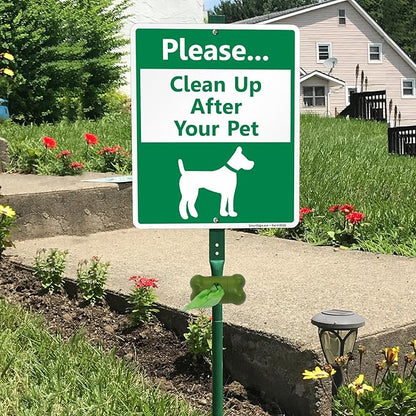 SmartSign Please Clean Up After Your Pet Yard Sign & Clip-On Plastic Dispenser Combo/Kit, 10"x12" Aluminum Sign with 3ft Steel Stake, Compact Dispenser Preloaded with a 15 Dog Poop Bags Roll