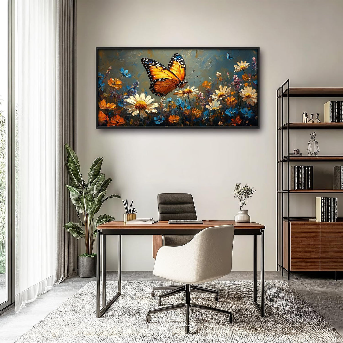 Large Butterfly Daisy Wall Art for Living Room, Floral Landscape Canvas Oversized Wall Decor, Flower Scenery Aesthetics Framed Pictures Painting Print Artwork for Bedroom Office 60"L x 30"W