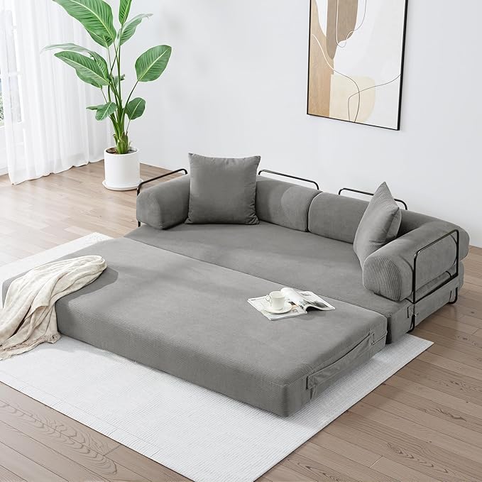 Convertible Sleeper Sofa Bed with Cylindrical Pillow, Corduroy Folding Mattress Couch with Fixed-Shape Frame, Floor Sofa Lounge Couch for Living Room Bedroom Lounge Studio-Grey
