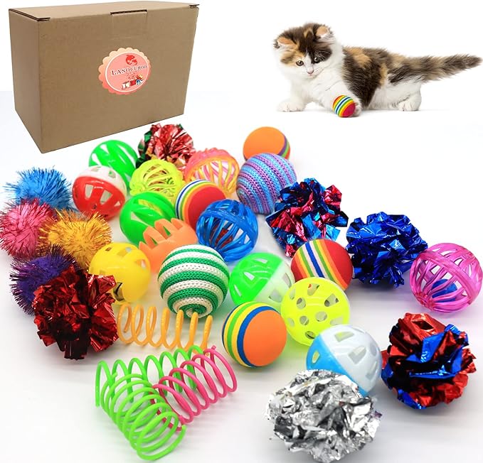 LASOCUHOO Cat Toys Kitten Assortment - Rainbow, Crinkle, Sparkle, Bell & Sisal Balls for All Cats - 30 Packs