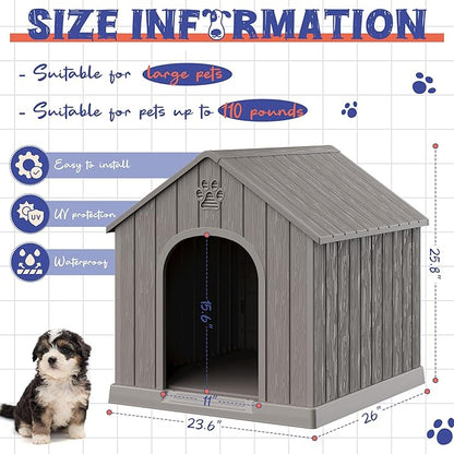 Dog House Outdoor Indoor, Plastic Small Dog House-Weatherproof & Insulated Design with Air Vents & Elevated Floor for Small to Medium Dogs, Easy Clean and Assemble (Grey)
