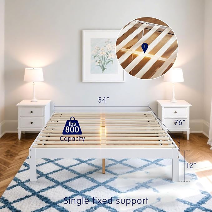 Hokway Wood Full Size Bed Frame- No Wobble,Noise-Free,Easy Assembly with Precise Holes,12 in Wood Slat Support,No Box Spring Needed,White